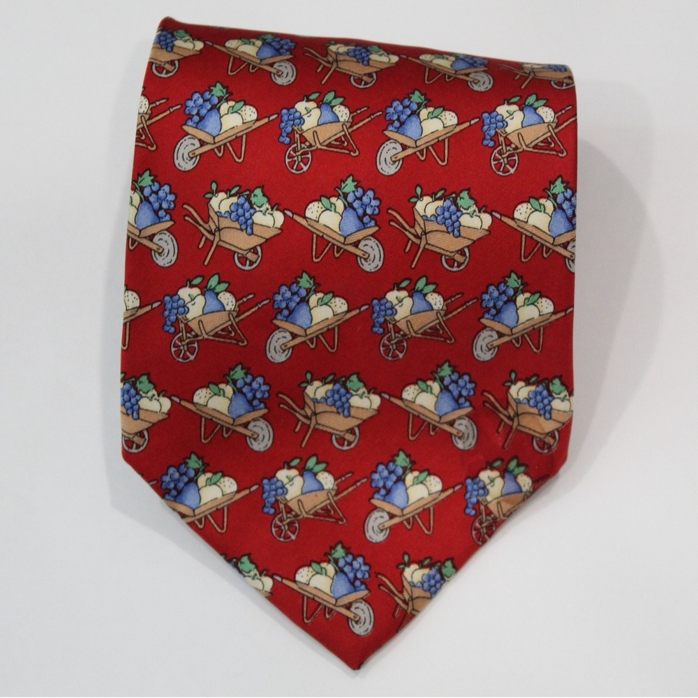 Vintage Paul Fredrick tie Red Wheelbarrow‎ Fruit Grapes Italian Silk Hand Made